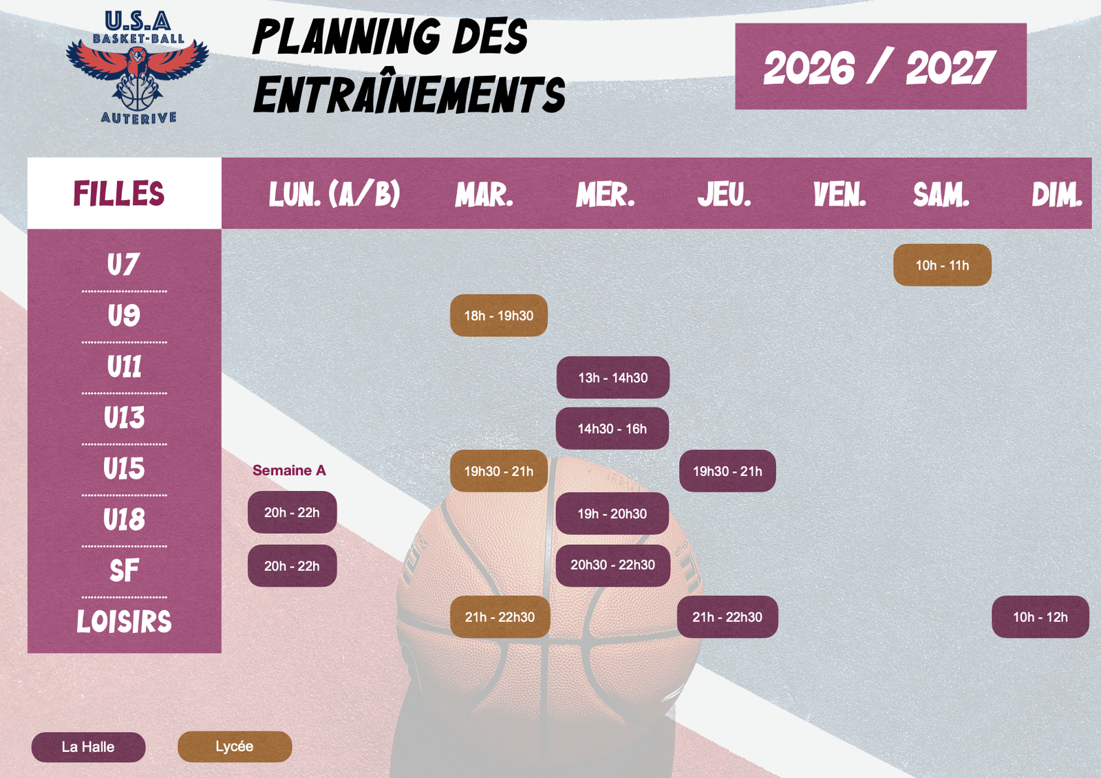 NOUVEAU ! Planning Saison Filles 2026-2027