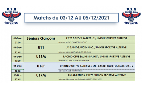 Planning Matchs du 3 au 5 Décembre 2021