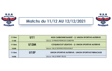 Planning Matchs weekend du 10 au 12 décembre 2021