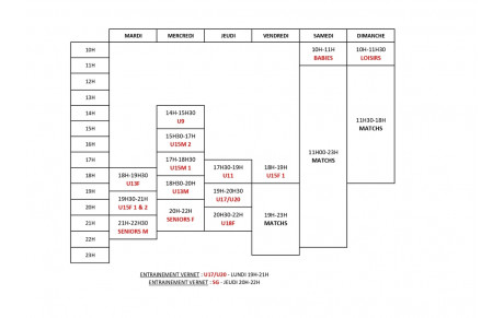 Planning entrainement saison 2022-2023